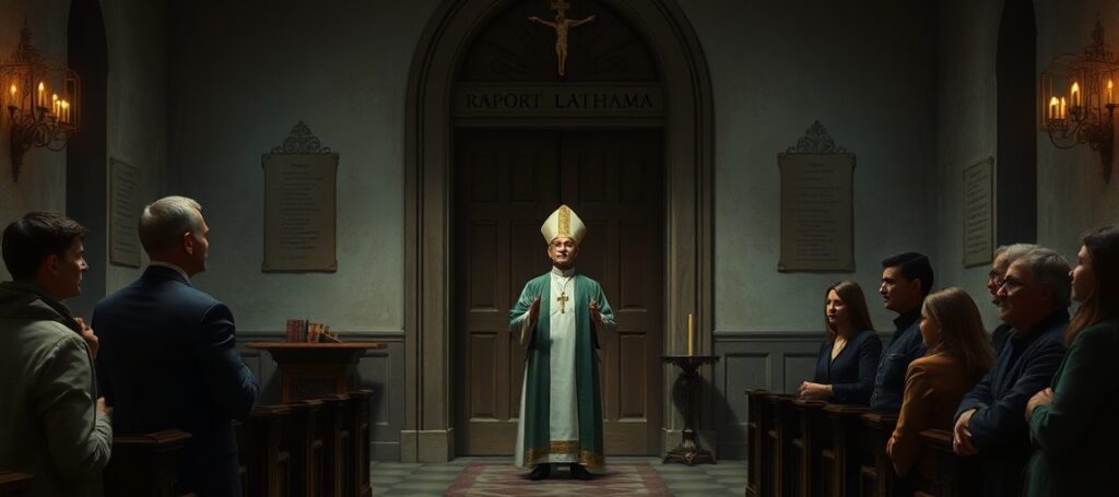 Wnętrze tradycyjnego kościoła katolickiego z kapłanem w sutannie przed zamkniętą drzwiami z napisem 'Raport Lathama', otoczony grupą zaniepokojonych wiernych.