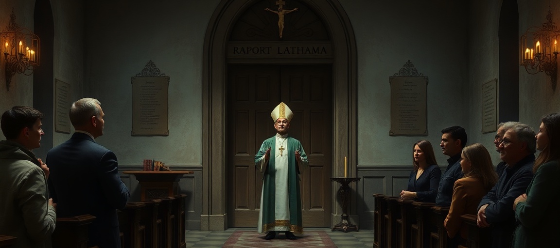 Wnętrze tradycyjnego kościoła katolickiego z kapłanem w sutannie przed zamkniętą drzwiami z napisem 'Raport Lathama', otoczony grupą zaniepokojonych wiernych.