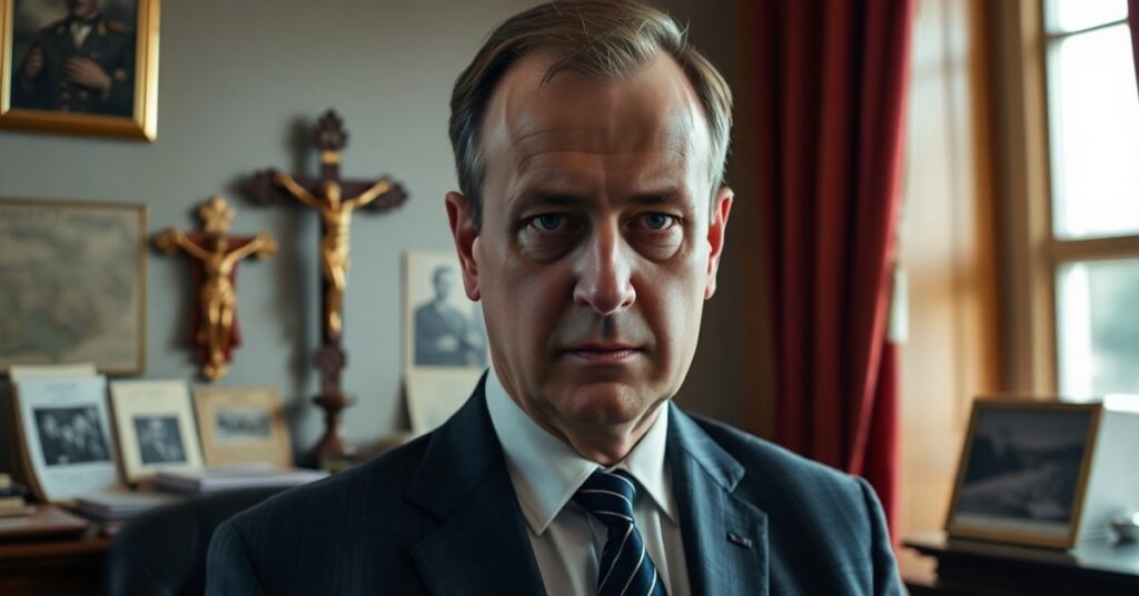 Wiceminister Andrzej Szeptycki w biurze rządowym z dokumentami UPA i krzyżem w tle
