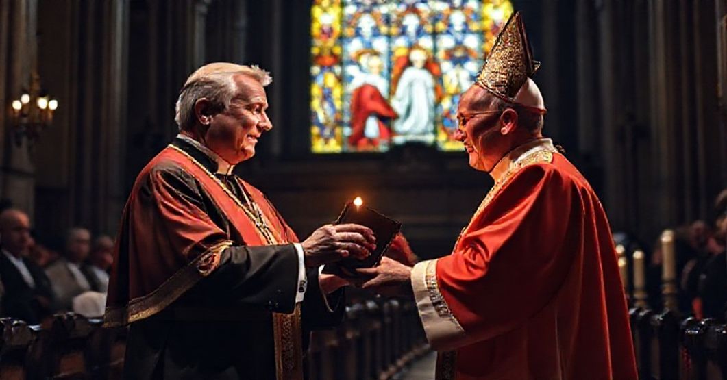 Scandal in Chicago: Durbin and Cupich's Controversial Award Senator Dick Durbin z nagrodą od "kardynała" Blase'a Cupicha w katedrze w Chicago, z papieżem Leonem XIV widocznym na witrażu