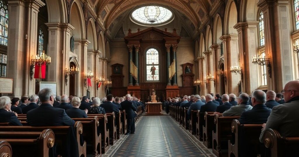 Katedra katolicka w Joliet z pustym fotel-em kanclerza Davida Salvato i symbolami upadku dyscypliny kościelnej