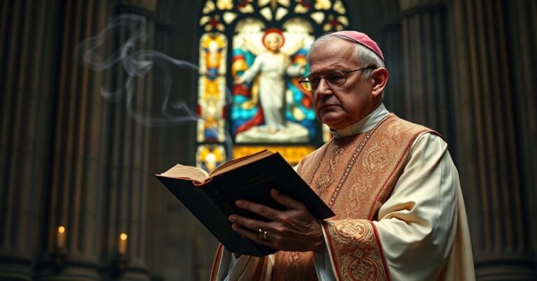 Biskup katolicki w tradycyjnych szatach liturgicznych stoi przed wielkim kościołem, trzymając książkę z napisem 'Skandal w Heritage Foundation'. Jego twarz wykazuje smutek i oburzenie wobec czarnej postaci Nicka Fuentesa otoczonego dymem symbolizującym herezję. Scena jest oświetlona ciepłym światłem kościelnym podkreślającym powagę sytuacji.