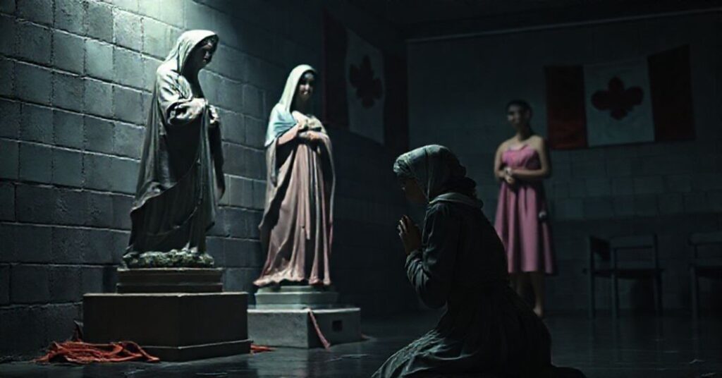 Kobieta modli się przed statuą Matki Bożej w więzieniu dla kobiet w Kanadzie, podczas gdy mężczyzna w sukience stoi w tle.