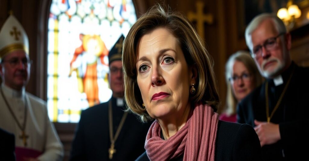 Portret profesora Susan Ostermann w Notre Dame przed tłemem tradycyjnych symboli katolickich.