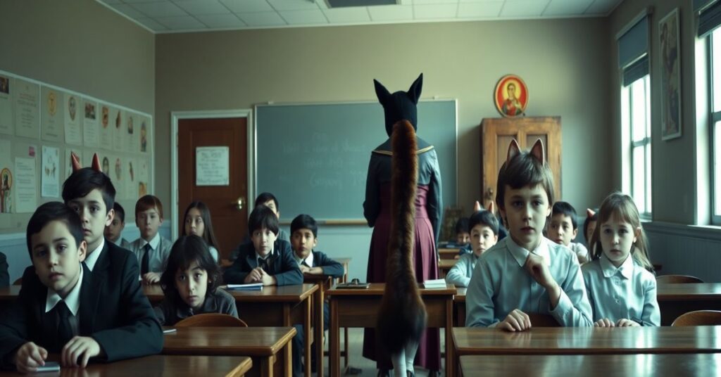 Zdjęcie klasy szkolnej w tradycyjnym katolickim stylu z przedstawieniem nauczyciela w prowokacyjnym stroju i przerażonych dzieci