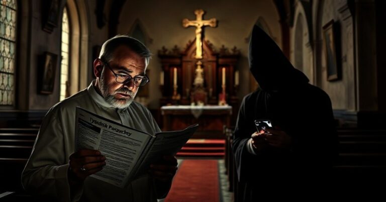 Zaniepokojony katolik czyta skandaliczny artykuł w "Tygodniku Powszechnym" w tradycyjnym kościele.