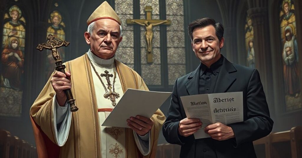 Scena katolicka przedstawiająca skandal z relatywizacją aborcji jako zbrodni