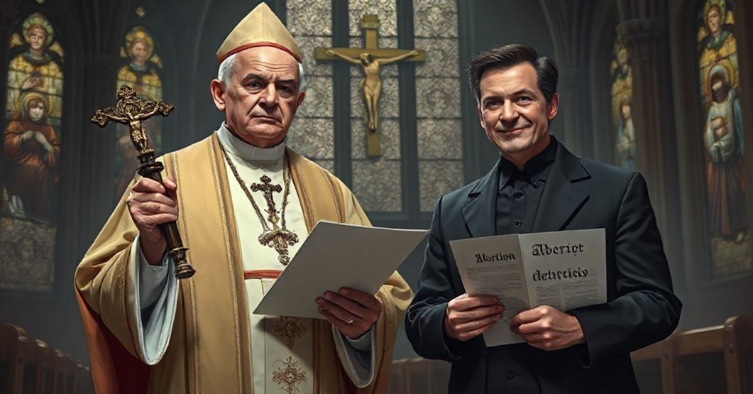 Skandal z relatywizacją aborcji w posoborowej sekcie Scena katolicka przedstawiająca skandal z relatywizacją aborcji jako zbrodni