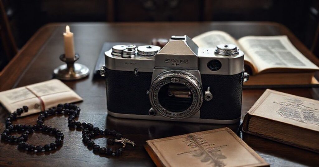 Tradycyjny aparat fotograficzny Leica M-A z herbem papieskim na stole w watykańskim gabinecie.