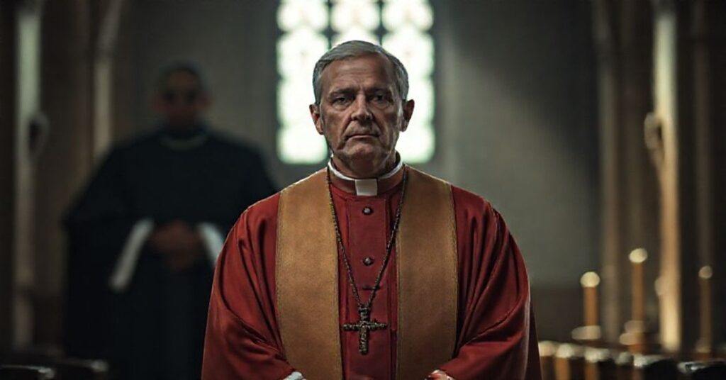 Prawdziwy kapłan w liturgicznych szatach stoi w ciemnym kościele z głębokim smutkiem na twarzy, symbolizując upadek moralny w Kościele.