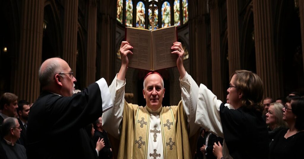 Wnętrze wiedeńskiej katedry z rozentuzjazmowaną 'konsekracją' Josefa Grünwidla jako 'arcybiskupa', z dwiema kobietami trzymającymi Ewangelie podczas ceremonii.