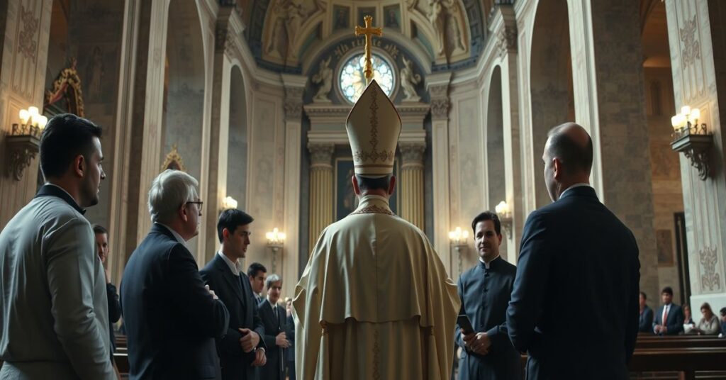 Scena w Bazylice Świętego Piotra w Rzymie pokazująca grupę aktywistów LGBT kierowaną przez Jamesa Martina i Andreę Conocchię, z fałszywym 'Papieżem' Leonem XIV przewodniczącym skandalicznym sakramentowi bierzmowania dla homoseksualnego dziennikarza.