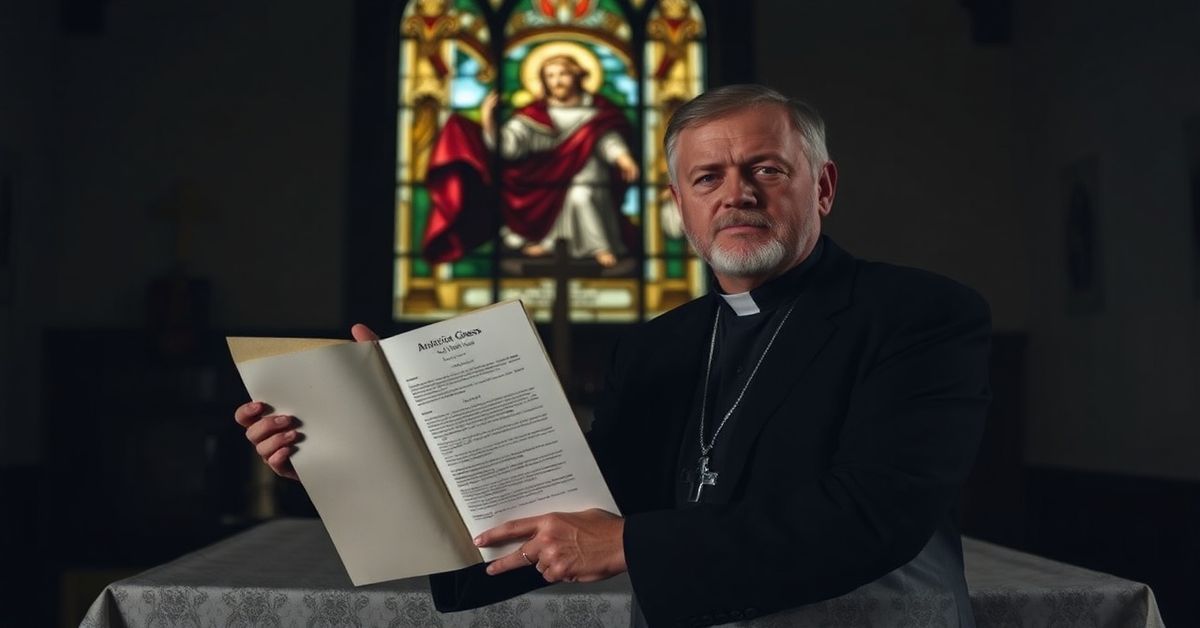 António Grosso z Uciszonego Serca stoi przed ołtarzem w tradycyjnym kościele katolickim, trzymając sfałszowany dokument Konferencji Episkopatu Portugalii.