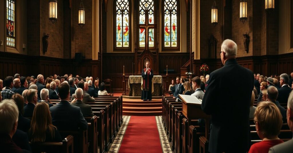 Wnętrze tradycyjnego kościoła z tradycyjnym ołtarzem i wiernymi podczas heretyckiej mówy Jamesa Martina.