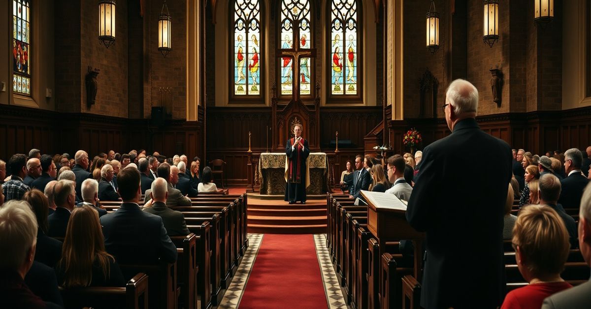 Wnętrze tradycyjnego kościoła z tradycyjnym ołtarzem i wiernymi podczas heretyckiej mówy Jamesa Martina.