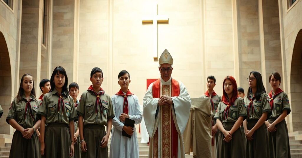 Grupa skautów i biskup przed katedrą oliwską podczas modlitwy bez obecności Mszy Świętej