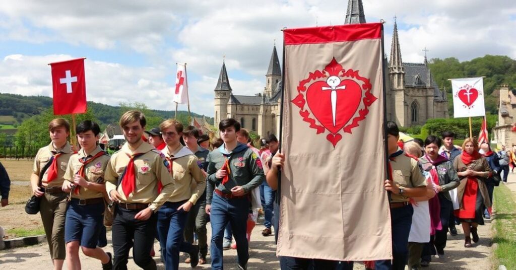 Grupa europejskich skautów w tradycyjnych mundurach wędruje przez historyczną scenerię Burgundii pod bazyliką Sainte-Marie-Madeleine we Francji.