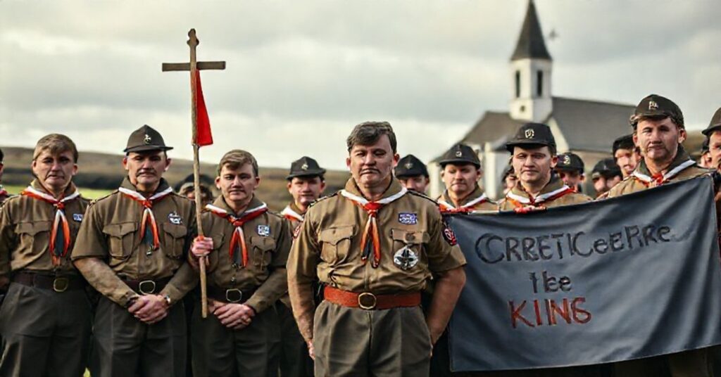 Grupa tradycyjnych skautów katolickich stoi w solidarności z Enohem Burke'm, nauczycielem irlandzkim uwięzionym za wiarę, przed tłem krajobrazu irlandzkiego z krzyżem i tradycyjnym kościołem katolickim.