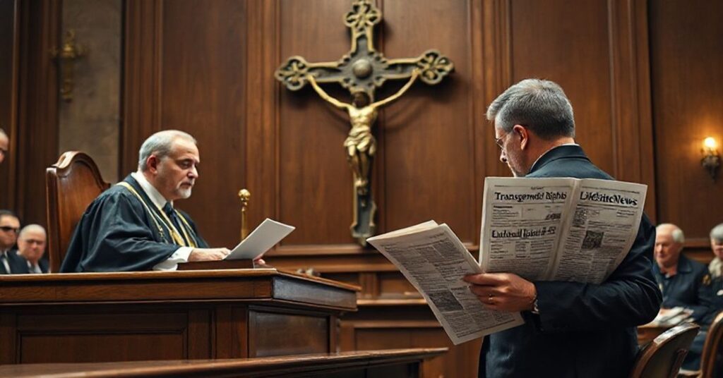 Sąd w Durham skazuje mężczyznę udającego kobietę za oszustwo seksualne. Na tle widoczny przestarzały krzyż.