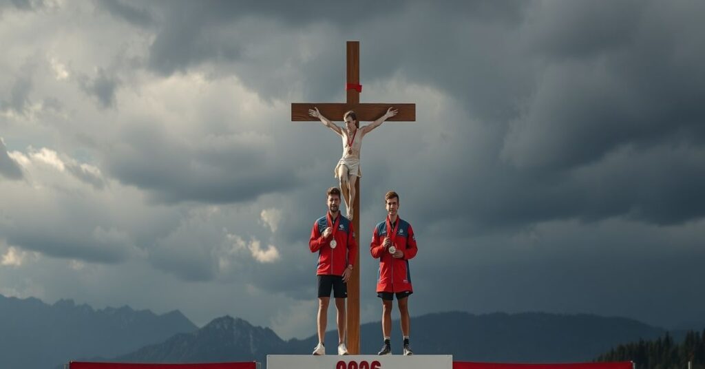 Polscy skoczkowie narciarscy z medalami na podium olimpijskim w Mediolanie-Cortina w 2026 roku bez odniesienia do wiary katolickiej.