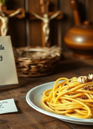 Konsumpcjonizm w katolicyzmie: prosta pasta jako przykład umiarkowania Tradycyjna katolicka kuchnia z prostej pasta z czosnkiem i oliwą na drewnianym stole z krucyfiksem w tle. Notatka ręcznie pisana o treści 'Wszystko na chwałę Bożą' (1 Kor 10:31). Ciepłe, poważne oświetlenie podkreśla skromność posiłku i duchowe znaczenie codziennych czynów.