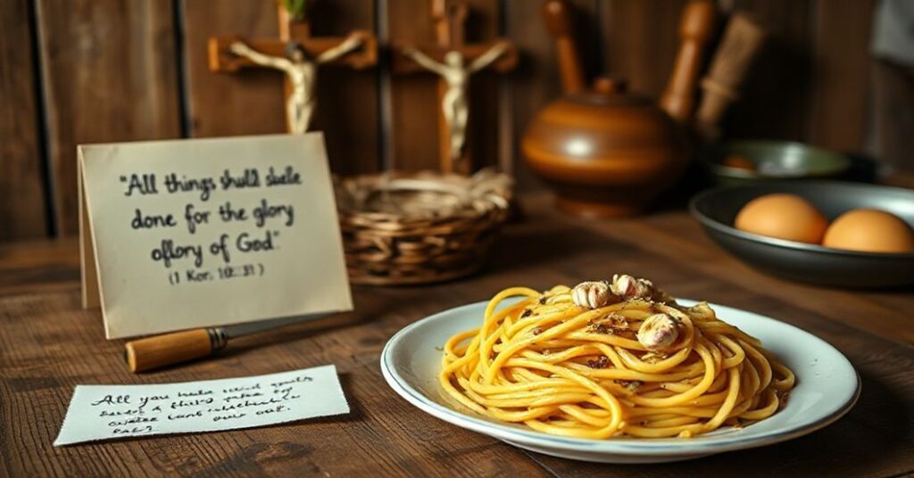 Tradycyjna katolicka kuchnia z prostej pasta z czosnkiem i oliwą na drewnianym stole z krucyfiksem w tle. Notatka ręcznie pisana o treści 'Wszystko na chwałę Bożą' (1 Kor 10:31). Ciepłe, poważne oświetlenie podkreśla skromność posiłku i duchowe znaczenie codziennych czynów.