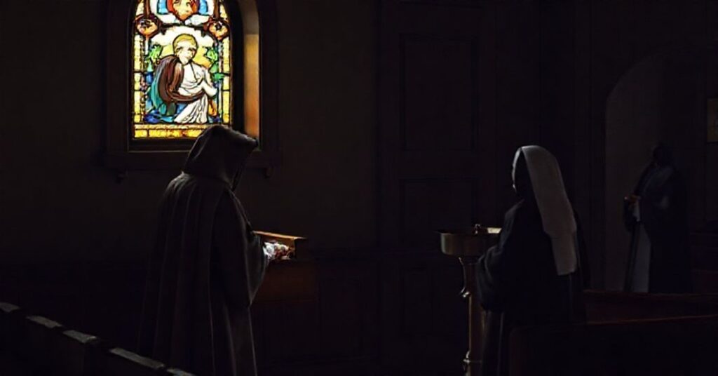 Sobór katolicki z tradycyjnym wnętrzem i skrzynką Safe Haven Baby Box na zewnątrz, symbolizujący teologiczne brak chrztu.