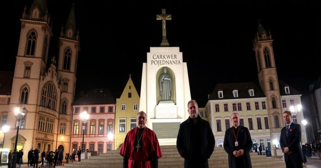 Symboliczny obraz Skweru Pojednania we Wrocławiu z perspektywy siedewakantystycznej, ukazujący herezję ekumenizmu i brak prawdziwego nawrócenia.