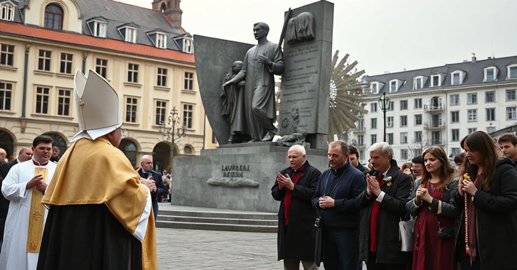 Zdjęcie ukazuje uroczystość odsłonięcia kontrowersyjnego pomnika arcybiskupa Józefa Ślusińskiego w Lublinie. Tło stanowi nowoczesna "msza" w nowym porządku liturgicznym. Na pierwszym planie tradycyjny kapłan w paramentach starego obrzędu protestuje wraz z grupą wiernych modlących się z zastanowieniem i smutkiem.
