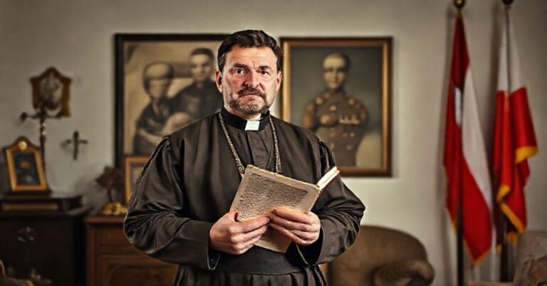 Sławomir Mentzen stoi z dokumentem historycznym w tradycyjnym stroju polskim, z fotografią jego dziadka w mundurze wyświetloną na tle.