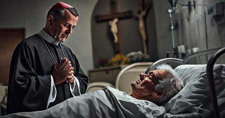 Tradycyjny książ katolicki modlący się nad łożem w szpitalu podczas słoweńskiego referendum przeciwko eutanazji, ze tłem na tle kościoła.