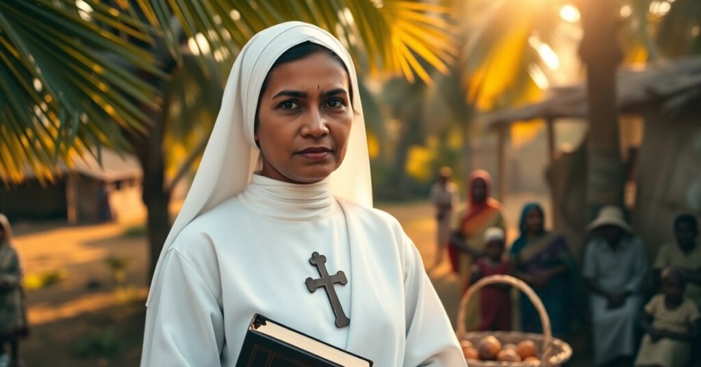 Błogosławiona Siostra Rani Maria Vattalil w tradycyjnym habicie zakonnym wśród ubogich społeczności Adivasi w Indiach