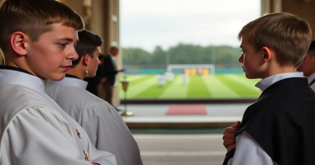 Młody ministrant w surpieli stoi przed tabernakulum podczas Mszy trydentyńskiej w Rokitnie, z dalekim rozmytym obrazem boiska piłkarskiego w tle.