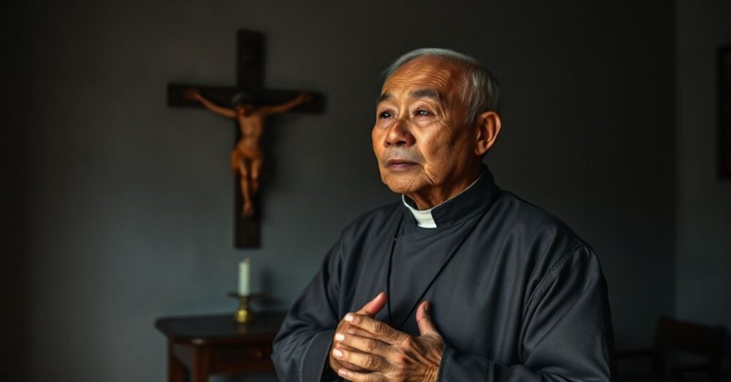 Stary chiński "biskup" w kapłańskich szatach modli się w skromnym pomieszczeniu z krzyżem na ścianie.