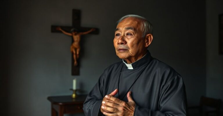 Stary chiński "biskup" w kapłańskich szatach modli się w skromnym pomieszczeniu z krzyżem na ścianie.