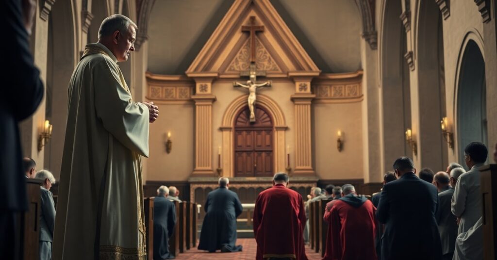 Obraz przedstawiający kontrast między śmiercią Henry'ego Nowaka a George'a Floyda z tłem tradycyjnego kościoła katolickiego. Ksiądz w szatach modli się z krzyżem w ręku, podczas gdy grupa ludzi klęczy w pokucie. Scena podkreśla potrzebę nawrócenia i przestrzegania nauki katolickiej.