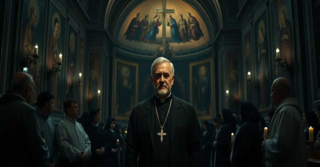 Tradycyjny katolicki obraz przedstawiający śmierć jezuitę ks. Juana Ochagavíi, doradcy teologicznego Soboru Watykańskiego II, w atmosferze żałoby i refleksji nad apostazją.