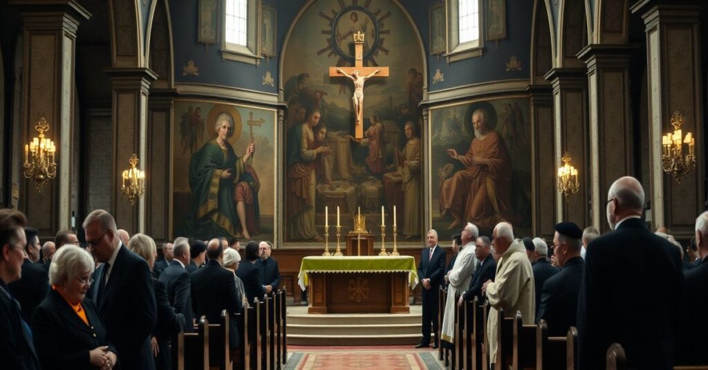 Uroczystości pogrzebowe «biskupa» Kazimierza Wielkosielca w opustej świątyni nowego porządku.