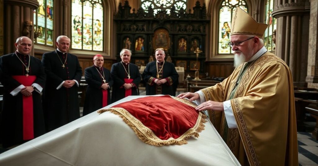 Obraz przedstawiający rzekomego „abpa” Wiesława Śmigla przed grobem św. Ottona z Bambergu w kościele św. Michała w Bambergu.