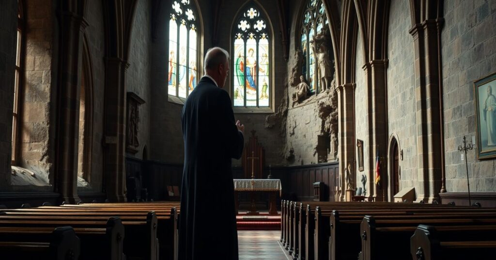 Katedra katolicka w Wielkiej Brytanii z opuszczonym ołtarzem i modlący się kapłanem sedewakantystów