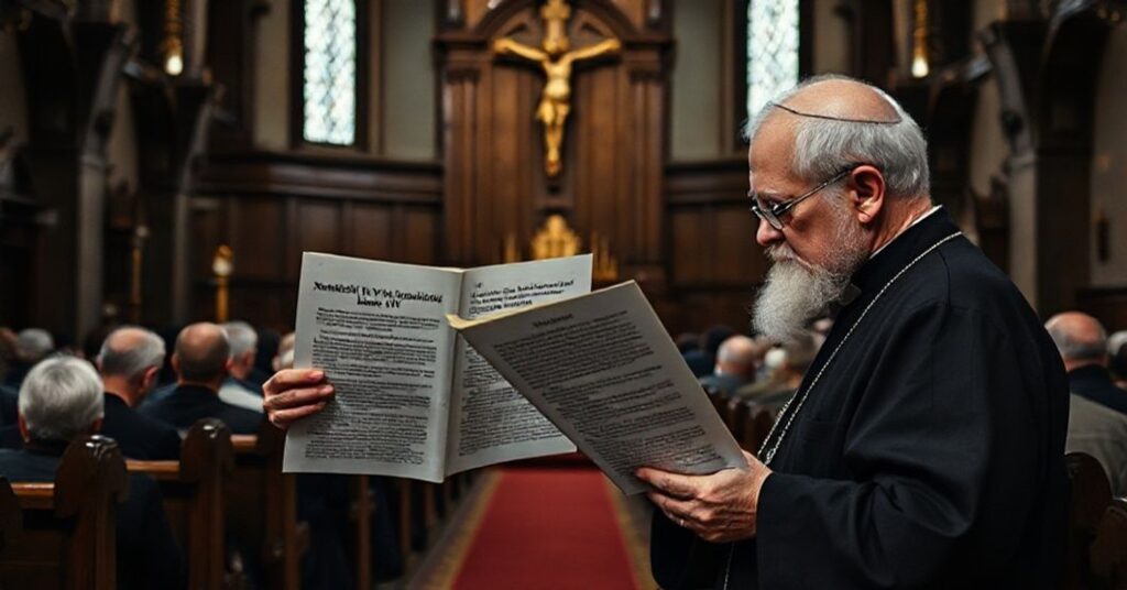 Tradycyjny wnętrze kościoła z ołtarzem i wiernymi modlącymi się w smutku