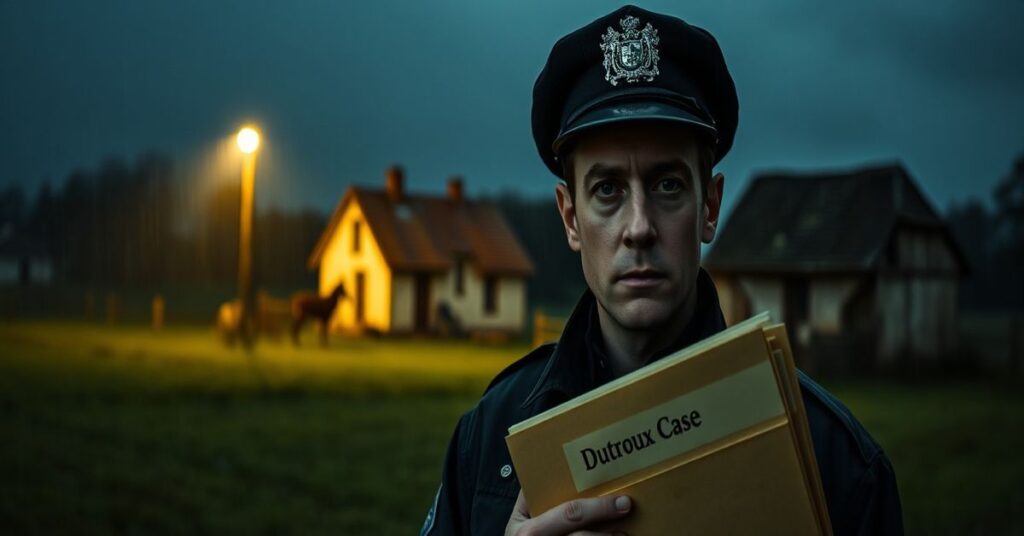 Smutny belgijski krajobraz pod deszczem z zapuszczonym domek wiejskim na tłle. Na pierwszym planie stoi zmęczony funkcjonariusz policji, Paul Chartier, jego twarz jest oświetlona przez mgliśte latarnie uliczne. Wyrażenie twarzy wyraża zniechącenie i moralny upadek w walce ze złem systemowym.