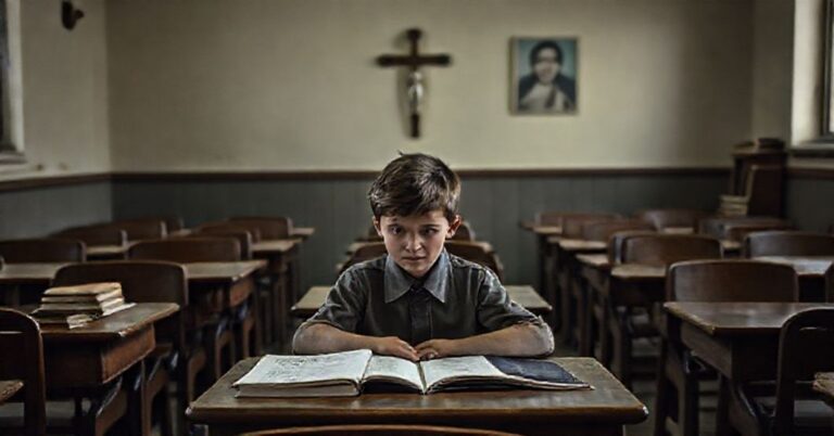 Smutny uczeń w pustym klasie szkolnej bez krzyża i religijnego wychowania