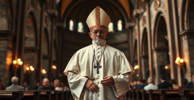 Smutny biskup w tradycyjnym stroju w kościele, symbolizujący wierność i opór wobec nowoczesnej zdrady w Kościele
