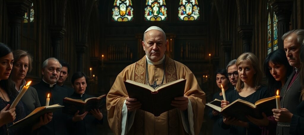 Sobór katolicki z biskupem w pełnym stroju liturgicznym przed ołtarzem z zamkniętą książką "Magnifica humanitas" przez "Leo XIV"