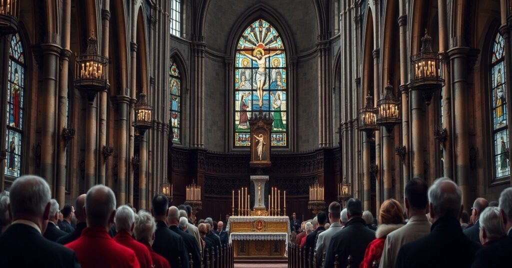 Sobór w Gliwicach w czasie uroczystej mszy świętej z ikonografią katolicką i witrażami przedstawiającymi Mękę Chrystusa
