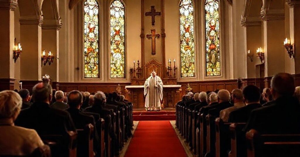 Wnętrze tradycyjnego kościoła katolickiego z ołtarzem i witrażami podczas ważnej kaznodziejskiej homilii.