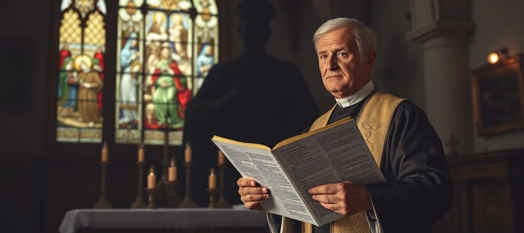 Sobór katolicki w tradycyjnej szacie liturgicznej stoi przed ołtarzem z ikonami i świecami, z oknem witrażowym przedstawiającym walkę Kościoła z niewolnictwem. W tle widoczny jest Leon XIV z encykliką w ręku