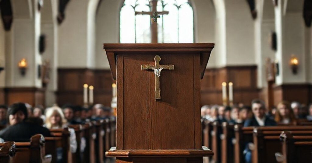 Sobór katolicki z pustym ambonem i zaniepokojonymi wiernymi