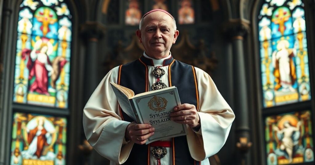 Sobór katolicki z biskupem w tradycyjnych szatach liturgicznych trzymający dokument Syllabus Piusa IX